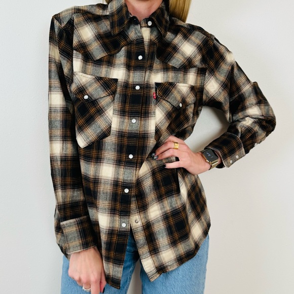 New Levi's Dylan Oversized Western Snap Buttons Flannel Shirt Plaid - Picture 4 of 11